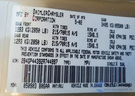 2002 Dodge Grand Caravan Sport z USA, uszkodzony, nr VIN 2B4GP44392R744997